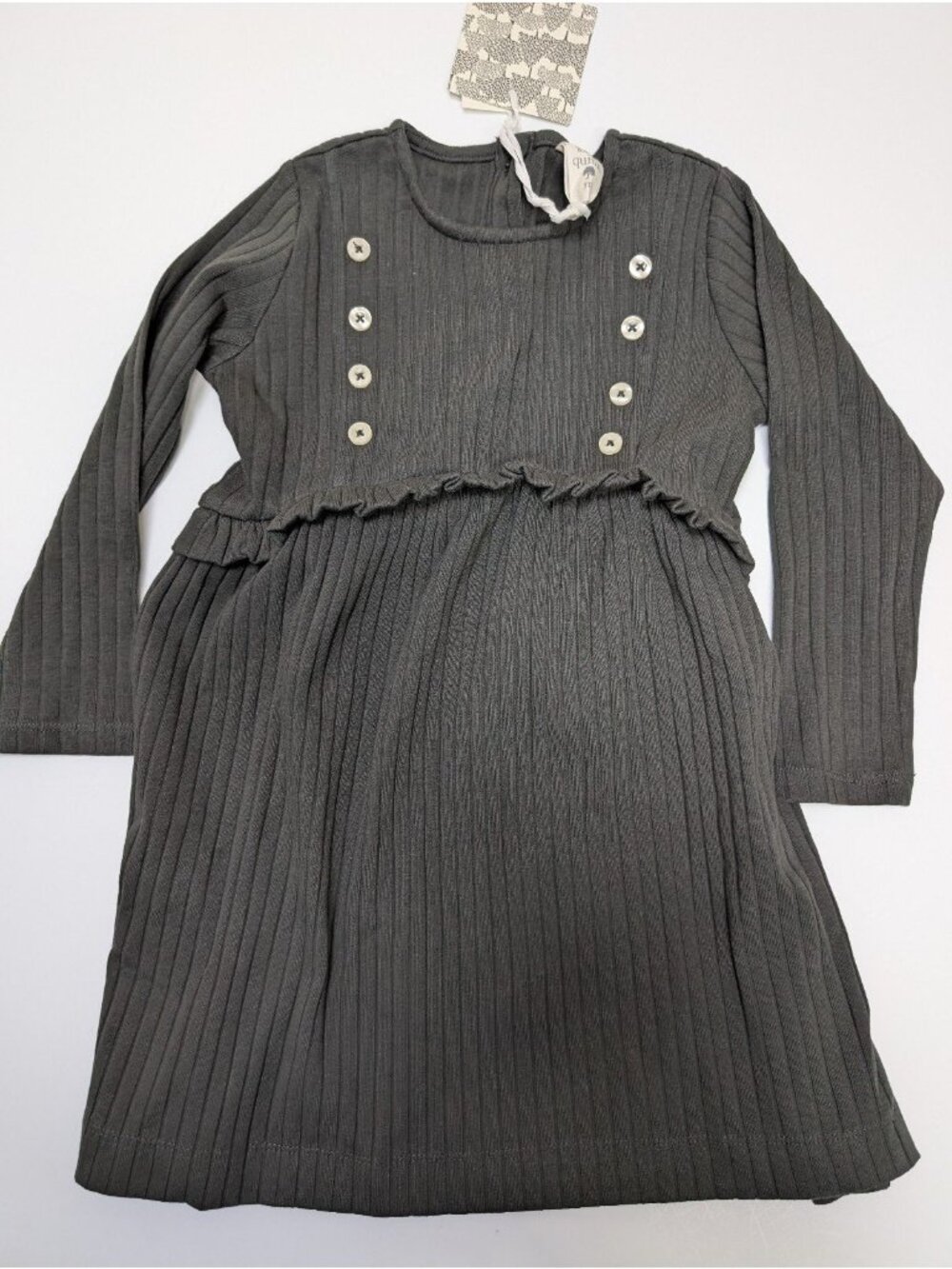 Kate Quinn Organic Cotton Wide Rib Button Yoke Dress Long Sleeve Beluga Spooky 3
